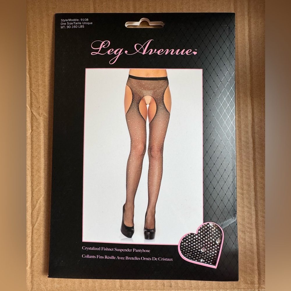LEG AVENUE Black Crystalized Fishnet Suspender Pantyhose with Rhinestones NEW